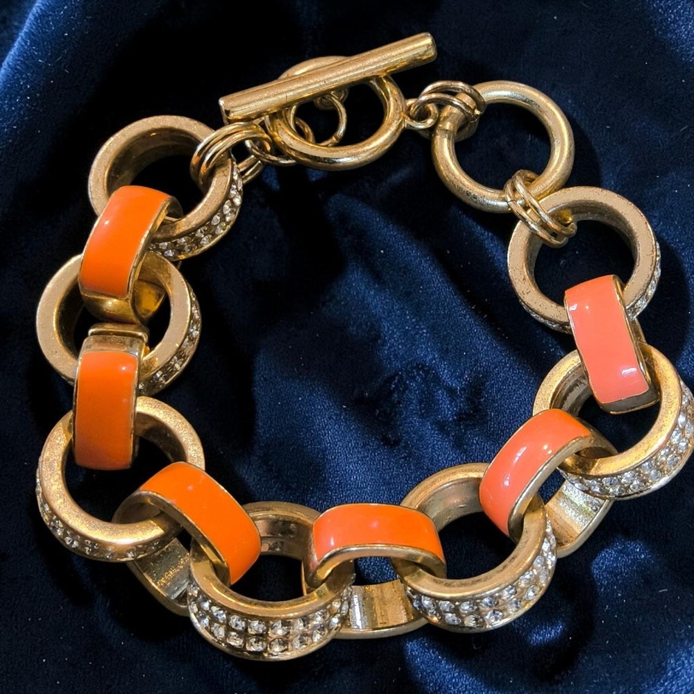 Banana Republic Coral Enamel Rhinestone Link Bracelet Gold Tone